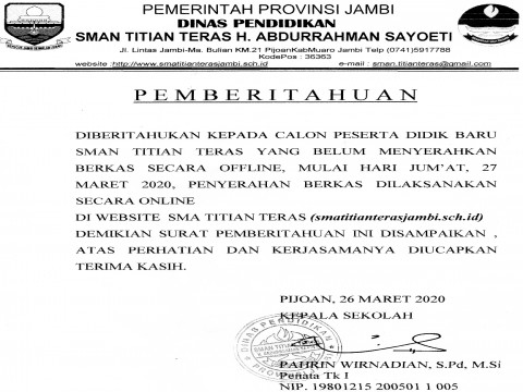 Pengumuman Penyerahan Berkas PPDB 2020